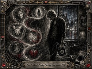 A solitary man stands beside a rain-streaked city window, clutching a rotary telephone as smoky charcoal memories spiral around him in an S-shaped flow. Ghostly faces, clasped hands, music, and a broken red heart deepen the melancholy. Stark black-and-gray textures, crimson accents, and an ornate music-themed frame create brooding noir intensity.