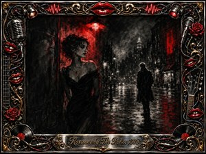 A charcoal-noir city street glistens with rain as an elegant woman stands beneath a vivid red glow while a solitary man recedes into the distance. Smoky blacks, silvery reflections, and crimson accents create longing and tension. An ornate chrome-and-gold frame features red lips, roses, microphones, guitars, records, and cables.