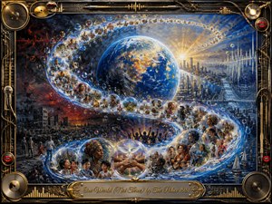 A luminous Earth anchors a sweeping S-curve of translucent bubbles filled with diverse faces, cities, music, and shared human moments. Deep blues, black, crimson, gold, and white create dramatic contrast between conflict and hope. Rich painterly textures, radiant light, and an ornate music-themed metallic frame reinforce unity, rhythm, and global connection.