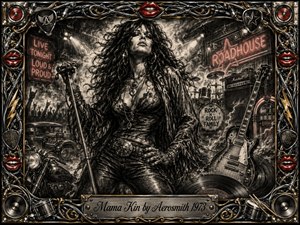 A fierce rock muse commands a smoky 1970s roadhouse stage, surrounded by guitars, drums, amplifiers, neon signs, a hot rod, motorcycle, and cheering silhouettes. Deep feathered charcoal textures create gritty drama, accented by muted red and metallic gold. An ornate music-themed frame and engraved title plate complete the rebellious composition.