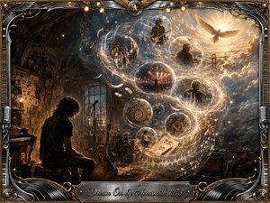 A solitary musician sits in a shadowed rehearsal room as luminous memory bubbles sweep upward in an elegant S-curve toward radiant clouds and a soaring bird. Warm amber, silver, and gold lighting blend nostalgia with hope. Detailed digital painting, musical symbols, instruments, feathers, clocks, and an ornate metallic rock-inspired frame enrich the dreamlike composition.