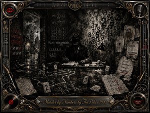 A shadowed figure sits at a cluttered desk in a rain-soaked noir setting, surrounded by chalk outlines, numbered evidence markers, equations, cards, and cryptic notes. Deep charcoal textures, smoky blacks, silvery grays, muted red accents, and dramatic lamplight create an ominous, calculating mood, framed by ornate musical metalwork.