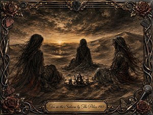 Three veiled women sit silently around a tea service in a vast Sahara landscape, facing a glowing distant horizon beneath a turbulent charcoal sky. Deep sepia, black, bronze, and muted red tones create a haunting, contemplative mood, framed by ornate roses, guitar strings, picks, cables, and an engraved brass title plate.