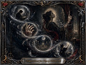 A mysterious woman raises a finger entwined with crimson threads inside a candlelit gothic chamber, while feathered glasslike orbs sweep through the scene in an elegant S-curve. Charcoal blacks, silver, antique gold, and deep red create a haunting mood, framed by ornate musical metalwork, moons, stars, and glowing ritual details.