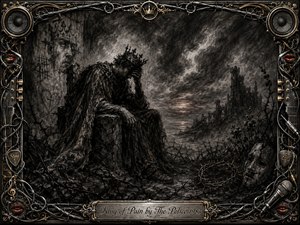 A solitary crowned figure slumps on a ruined stone throne beneath a turbulent charcoal sky, surrounded by thorns, distant crumbling towers, and ghostly symbols of suffering. Deep blacks, smoky grays, faint warm light, and intricate feathered textures create a brooding mood, framed by ornate chrome, gold, wires, speakers, and red lips.