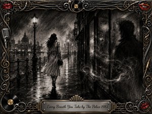 A solitary woman walks along a rain-slick city promenade while a shadowy man watches from reflective windows filled with ghostly eyes. Deep charcoal blacks, smoky grays, and silvery highlights create a tense, melancholic noir mood. Ornate chrome, gold, vinyl, cables, microphones, and red lips frame the atmospheric scene.