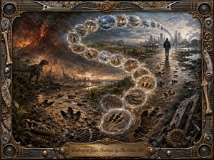 A dramatic mixed-media landscape traces deep time from a volcanic dinosaur world to a modern city, linked by glowing feathered bubbles sweeping in an S-curve. Fossils, footprints, bones, and a solitary walker create a reflective, ominous mood. Earthy browns, smoky grays, ember orange, and cool blue light enrich the ornate fossil-metal frame.