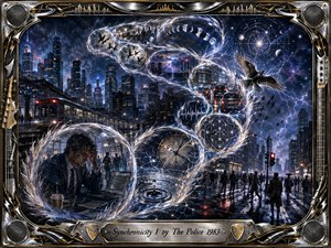 A surreal nighttime city unfolds beneath a cosmic sky, where a weary commuter, rushing trains, traffic, clocks, birds, rippling water, and celestial patterns connect through glowing feathered bubbles forming an S-curve. Deep blues, silver, violet, and gold create a mysterious cinematic mood, framed by intricate chrome, musical hardware, and engraved ornamentation.