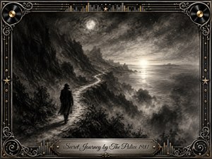 A solitary traveler follows a winding cliffside path toward a luminous horizon above a misty sea. Deep charcoal textures, smoky grays, silvery highlights, and dramatic moonlight create a mysterious, contemplative mood. An ornate chrome-and-gold musical frame surrounds the scene, with records, strings, stars, equalizer motifs, and an engraved title plate.