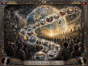 A luminous Earth rises above a diverse gathering of people, linked by a sweeping S-curve of translucent memory bubbles filled with children, clasped hands, cities, oceans, roads, and birds. Charcoal blacks, cool blues, silver, and warm gold create a dramatic, hopeful atmosphere, framed by ornate chrome, musical motifs, and engraved detailing.