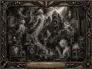 Ghostly human forms drift through a dense industrial city of speakers, wires, televisions, and crumbling towers, suggesting spirits trapped within a mechanical world. Deep charcoal blacks, smoky grays, and pale highlights create a haunting, contemplative mood. An ornate gold-and-chrome musical frame, red lips, cables, records, and engraved title plate complete the surreal composition.