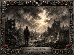 A solitary figure faces a shattered city beneath a storm-darkened sky, where a hidden sun glows through smoke and clouds. Deep feathered charcoal textures create a bleak yet hopeful mood, softened by distant light and tiny flowers among the ruins. An ornate metallic music-themed frame surrounds the dramatic monochrome composition.