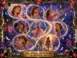 A luminous fantasy collage portrays a joyful woman across feather-edged bubbles flowing in an elegant S-curve through a twilight city. Romantic blues, violets, pinks, and gold shimmer beneath sparkling starlight. Ornate chrome-and-gold musical framing, red lips, piano keys, records, microphones, stars, and an engraved title plate complete the magical 1980s-inspired composition.