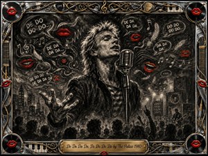 A passionate singer leans into a vintage microphone amid a smoky charcoal concert scene, surrounded by floating syllables, feathers, musical notes, red smiling lips, speakers, and crowd silhouettes. Deep blacks and grays contrast with vivid crimson and metallic gold, while dramatic highlights and an ornate music-themed frame create a theatrical, surreal rock-poster atmosphere.