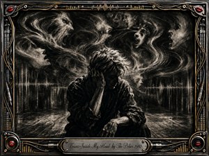 A solitary man sits hunched in a shadowy, stage-like space, overwhelmed by ghostly faces swirling around him like intrusive voices. Deep feathered charcoal textures, smoky grays, sharp white highlights, and dramatic chiaroscuro create a tense psychological mood. An ornate chrome-and-gold music-themed frame, red lips, cables, and engraved title plate complete the composition.