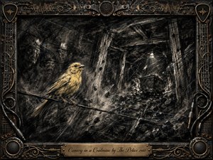 A golden canary perches alertly inside a shadowy coal mine, surrounded by fractured timbers, drifting dust, miners, and a distant ore cart. Deep feathered charcoal textures create a tense, claustrophobic mood, while muted gold highlights punctuate the darkness. An ornate industrial-musical frame of steel, cables, speakers, and brass completes the dramatic composition.