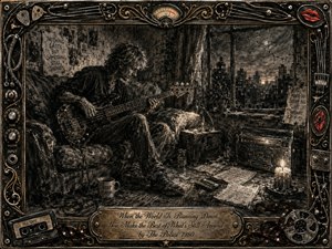 A solitary bassist sits in a worn urban apartment, surrounded by scattered notes, cassette tapes, a radio, and candlelight beneath a cracked city window. Deep charcoal textures, smoky blacks, sepia highlights, and warm glows create a reflective, resilient mood, framed by ornate musical hardware, red lips, cables, and engraved metalwork.