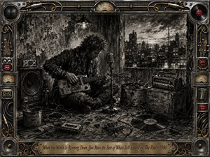 A solitary musician sits amid salvaged instruments and battered audio gear in a decaying urban room overlooking a dim city skyline. Deep feathered charcoal textures create a gritty, resilient mood, while metallic gold, chrome, red lips, speakers, cables, and VU meters form an ornate frame. Soft highlights emphasize endurance and improvisation.