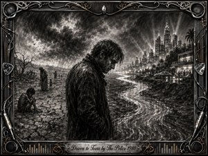 A bowed figure stands between cracked, impoverished ground and a distant glowing city, while rain and tears merge into a winding reflective river. Deep charcoal textures, smoky grays, silver highlights, and stormy lighting create a somber, anguished mood. An ornate metallic music-themed frame surrounds the dramatic monochrome composition.