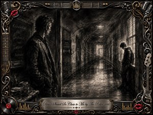 A shadowy charcoal school corridor frames two separated figures, their distance charged with restraint and unease. Deep blacks, smoky grays, and pale window light create a tense, introspective atmosphere. Feathered charcoal textures and sweeping haze emphasize isolation, while an ornate chrome-and-gold musical frame, red lips, vinyl details, and engraved title plate complete the composition.