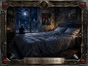 A solitary figure sits beside an oversized, rumpled bed, gazing through a moonlit window toward a glowing city skyline. Deep blues, silvery grays, and warm amber accents create a haunting, reflective mood. Painterly textures emphasize loneliness, while an ornate chrome-and-gold music-themed frame, red lips, vinyl details, and engraved title plate complete the composition.