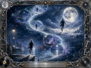 A solitary figure drifts through a moonlit dreamscape, following a luminous S-curve of floating bubbles from a waterfront city toward a vast lunar horizon. Deep indigo, silver, violet, and icy blue tones glow with ethereal light, while chrome-and-gold musical framing, stars, records, cables, and a vintage microphone complete the surreal mixed-media composition.