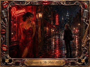 A glamorous woman in a crimson dress stands beneath glowing neon on a rain-soaked city street while a lone guitarist watches from the distance. Deep reds, blacks, amber reflections, and cool blue shadows create a romantic, melancholy mood. Rich oil-paint textures, dramatic lighting, and an ornate music-themed frame heighten the cinematic atmosphere.