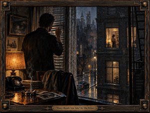 A solitary man watches a warmly lit apartment across a rain-soaked city street, creating an atmosphere of obsession, distance, and quiet unease. Deep blues, black shadows, and amber lamplight shape the cinematic composition. Textured painterly surfaces, venetian blinds, reflective pavement, photographs, and an ornate instrument-inspired frame intensify the tense, voyeuristic mood.