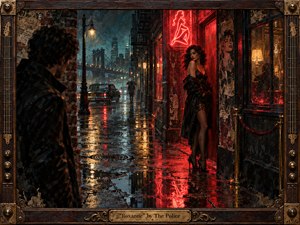 A rain-soaked city street glows beneath vivid red neon as a solitary woman stands outside a worn nightclub, watched from shadow by a distant man. Wet pavement mirrors crimson and amber light, while teal haze softens the skyline. Textured brushwork, distressed surfaces, and an ornate brass-and-wood frame deepen the noir melancholy.