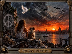 A young girl and her dog sit among shattered ruins overlooking a war-darkened waterfront at sunset. Fiery orange light reflects across the water beneath storm clouds and silhouetted aircraft, while a white dove carrying an olive branch rises above. Richly textured painterly detail, industrial framing, and somber contrasts create tense, reflective symbolism.