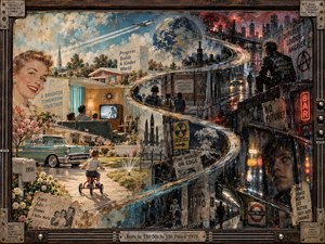 A sweeping S-curve carries a child from bright 1950s suburbia into darker urban decades, blending optimism, fear, rebellion, and memory. Weathered paint, neon reflections, vintage cars, television glow, and fractured city imagery create a tense mixed-media timeline framed with aged wood, metal, and musical hardware.
