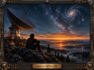 A solitary figure sits beside a massive radio telescope above a glowing lake and distant city lights, contemplating a vast star-filled sky. Deep blues, amber sunset light, and a spiral galaxy create a reflective, searching mood, while the ornate brass and black frame adds mechanical detail and vintage character.