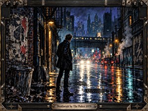 A lone figure stands in a rain-soaked urban alley as headlights approach through shimmering reflections. Deep blues, blackened brick, amber streetlights, steam, and red taillights create a tense nocturnal mood. The detailed noir painting uses dramatic perspective, wet textures, industrial framing, and restless city energy to suggest danger and reckless momentum.