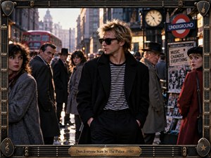 A blond man in dark sunglasses and a black coat stands amid watchful pedestrians on a wet London street, surrounded by buses, an Underground sign, glowing clock, and newsstand. Warm sunset light contrasts with cool shadows, creating tense urban isolation. A detailed metallic guitar-themed frame completes the cinematic retro composition.