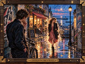 A rain-washed coastal street glows at twilight as a shy man watches a woman walk through shimmering reflections toward the harbor. Warm cafe light, deep blues, coral highlights, puddle ripples, flowers, and a distant lighthouse create romantic magic. Textured painterly brushwork and a dark wood-and-brass musical frame complete the scene.