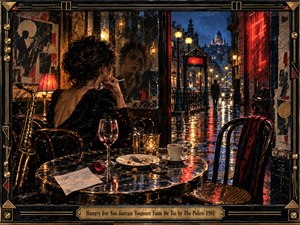 A dark haired woman sits alone in a warm Paris cafe, gazing through rain streaked glass toward a glowing night street and distant domes. Reflections, red neon, a saxophone, wine, and an empty chair deepen the longing. The richly textured mixed media painting feels cinematic, intimate, and melancholy.