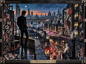 A lone young man stands on a rain-slick rooftop overlooking a restless London night, surrounded by glowing windows, traffic, trains, steam, and weathered punk posters. Deep blues, black, red, and amber lights create a tense new wave mood, framed by distressed black wood, metal hardware, and a brass title plate.