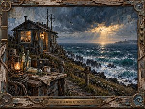 A weathered coastal shack overlooks a turbulent blue-green sea beneath heavy storm clouds pierced by warm golden sunlight. Bottles, rope, radio equipment, lanterns, and nautical hardware fill the foreground, creating a lonely, expectant mood. Detailed painterly textures, crashing surf, distant lighthouse, and handcrafted framing reinforce isolation, longing, and hope.