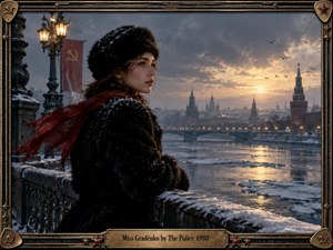 A solitary woman in a dark fur coat and red scarf stands beside a snowy riverside railing, gazing across an icy city toward distant towers and glowing winter light. Cool blue-gray tones, warm reflections, drifting snow, and ornate metallic framing create a cinematic, melancholic Cold War atmosphere rich with tension and nostalgia.