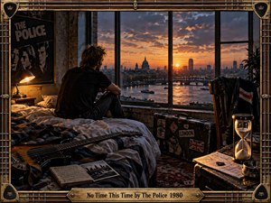 A solitary musician sits on an unmade bed overlooking London at sunset, surrounded by a bass guitar, travel case, notebook, photographs, and hourglass. Warm amber light meets cool blue shadows, creating a reflective, restless mood. The realistic scene is enclosed by an ornate guitar-string frame with a brass title plate.