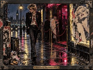 A rain-soaked London street glows with red neon and golden lamplight as a restless punk figure strides past a nightclub, torn posters, scattered peanut shells, and glossy reflections. Dark blues, blacks, and crimson accents create a tense late-1970s mood, rendered in gritty mixed-media realism within a worn metal frame.