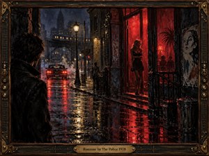 A rain-soaked city street glows with deep crimson windows, amber lamps, and reflections on black pavement. A solitary man watches a woman framed in red light, creating tension, longing, and restraint. Expressive oil-like brushwork, shadowed architecture, vintage cars, and an ornate bronze musical frame evoke gritty late-1970s urban drama.
