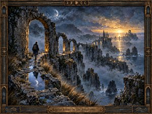 A solitary traveler follows a ruined stone path through towering arches above a misty sea, moving toward a distant golden horizon. Cool blue shadows, moonlit clouds, reflective water, and warm torchlight create a mysterious, contemplative mood. Painterly textures, rugged cliffs, and ornate metal framing suggest an ancient spiritual passage.