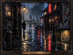 A solitary figure crosses a rain-soaked city street beneath glowing lamps and neon reflections. Dark stone buildings, wet cobblestones, distant domes, and shadowed doorways create a tense nocturnal mood. Deep blues, black, amber, and red light shape the dramatic painterly scene, framed with ornate aged metalwork.