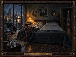 A rain-soaked city bedroom centers on a wide, half-empty bed, its rumpled blankets and vacant pillow emphasizing loneliness and absence. Warm amber lamplight contrasts with cold blue reflections from the windows, while dark wood, worn textiles, scattered records, and vintage decor create a moody late-1970s atmosphere of intimate melancholy.