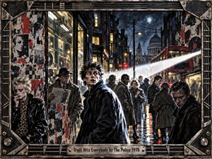 A rain-soaked late-1970s London street glows with cold blue-gray shadows, red bus lights, and a harsh white beam cutting across a tense crowd. A startled young man anchors the composition as punk figures, torn posters, wet reflections, and distant architecture create a gritty handcrafted gouache-and-ink atmosphere framed in distressed metal.
