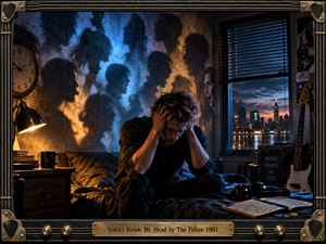 A distressed young man sits hunched on a bed in a shadowy musicians room while ghostly faces loom across the wall behind him. Cool blue city light and warm amber lamps create tense contrast. Guitars, headphones, notebooks, a clock, and a weathered metal frame deepen the cinematic, surreal atmosphere.