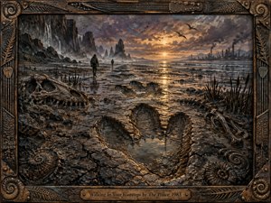 A vast prehistoric shoreline stretches toward a smoky sunset, where giant fossil footprints lead two small figures across wet mud between cliffs and a distant industrial skyline. Bronze brown textures, amber light, and stormy clouds create a haunting, reflective mood, all enclosed in an ornate fossil carved frame with a titled plaque.