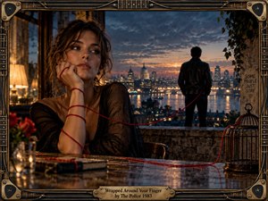 A contemplative woman sits beside a rain-darkened terrace at dusk, bound by a vivid red cord that winds toward a distant man overlooking a glowing riverside city. Warm lamplight contrasts with blue storm clouds, while an empty birdcage, worn books, flowers, and guitar-inspired framing deepen the tense, cinematic symbolism.