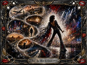 A commanding glam-rock performer stands beneath blazing stage lights, surrounded by cheering crowds and an S-shaped swirl of dreamlike travel and concert scenes. Deep blacks, chrome, crimson, blue, and gold create a theatrical mood, while smoky textures, sparkling highlights, ornate musical motifs, red lips, and an engraved metallic frame complete the dramatic composition.